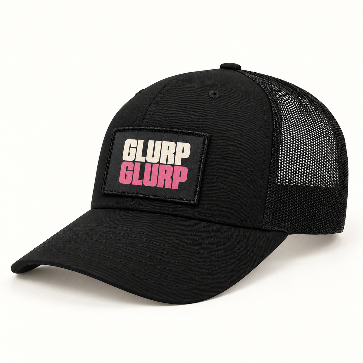 Glurp Glurp patch illustrated on a black trucker hat. Hat shown for styling; sold separately.