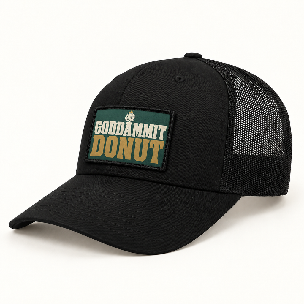Goddammit Donut patch illustrated on a black trucker hat. Hat shown for styling; sold separately.
