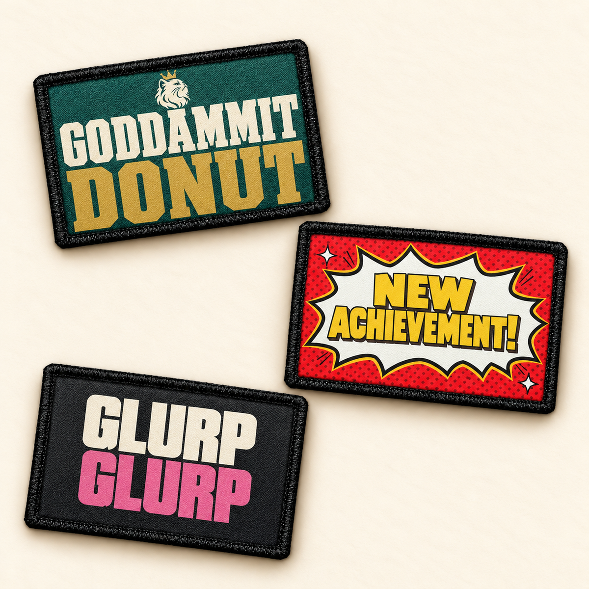 Three removable patches: Goddammit Donut, New Achievement, and Glurp Glurp